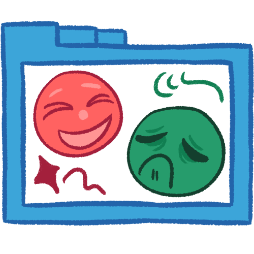 A hollow blue folder with thick lineart containing a pink happy face and a green upset face. There are squiggles around the faces. 